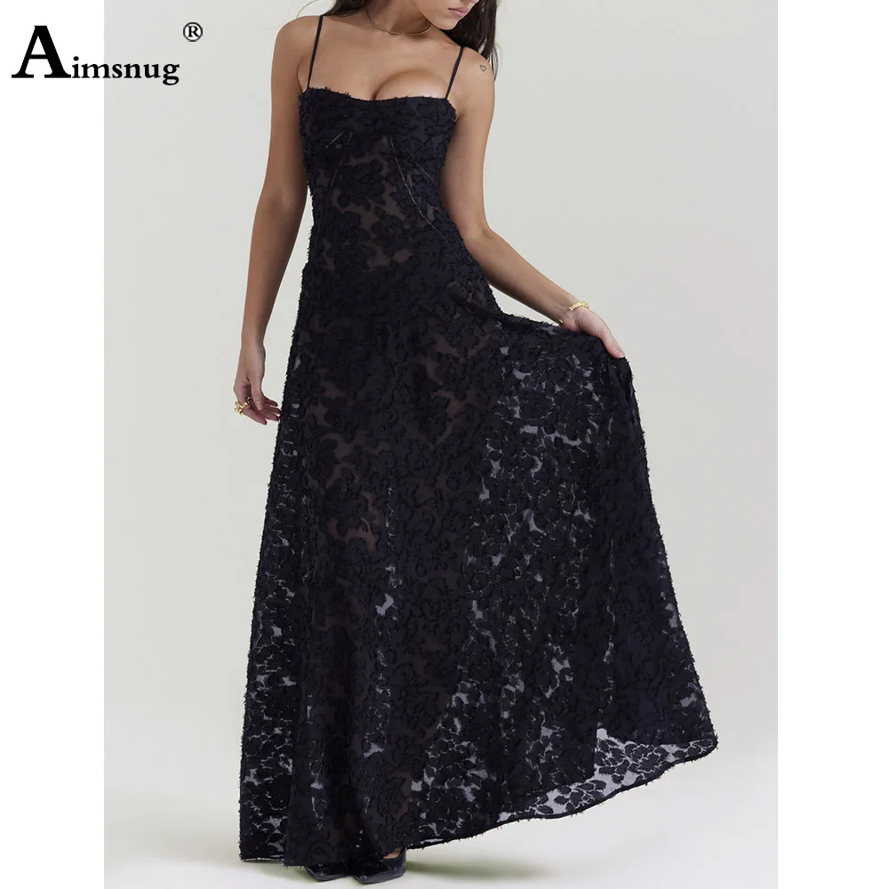 Women Elegant Long Maxi Dress Spaghetti Strap Lace Flower Party Evening Dresses 2024 European Style Vintage Embroidery Dress