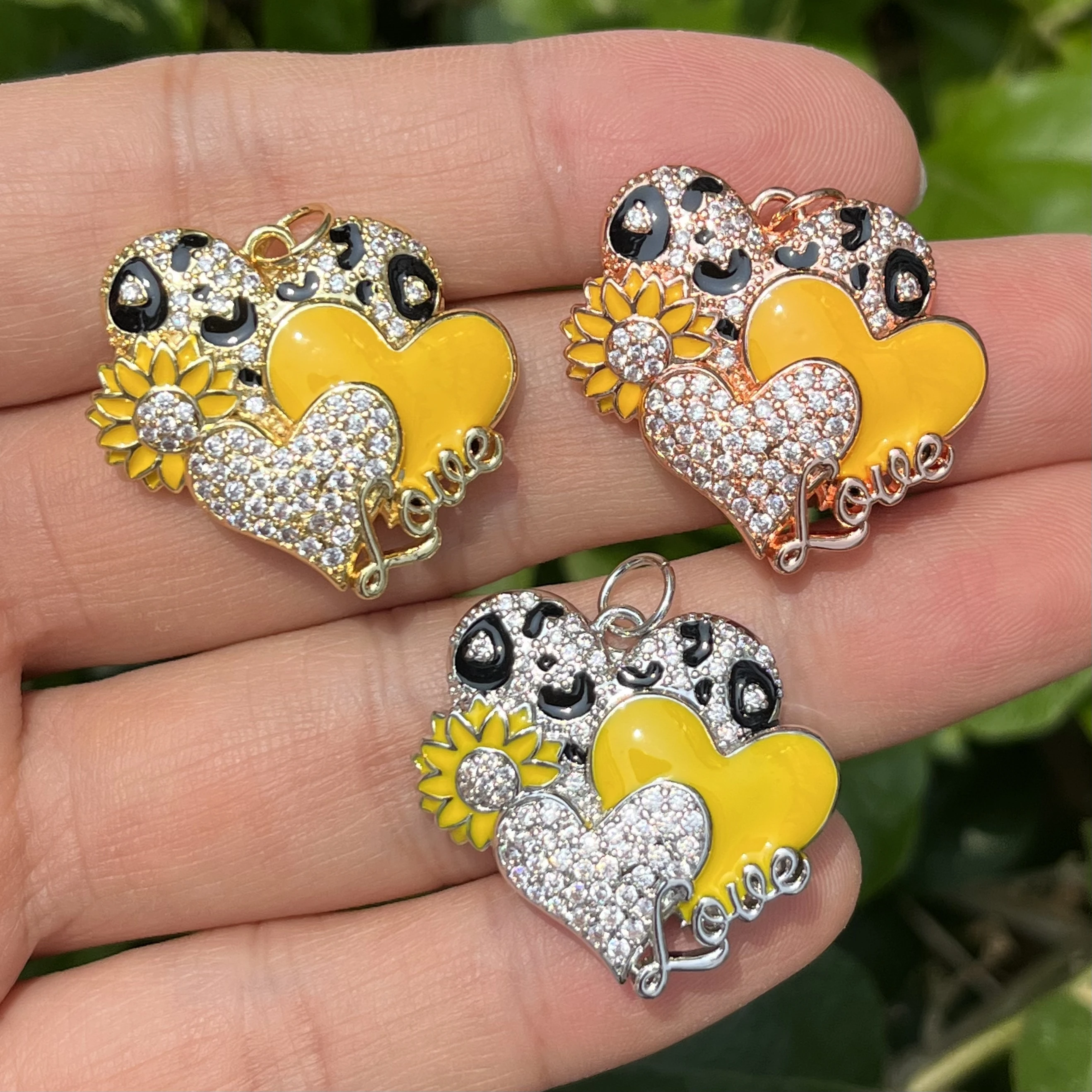5pcs Leopard Printed Brass Heart Love Sunflower Zirconia Paved Enamel Pendant for Custom Design DIY Bracelets Making