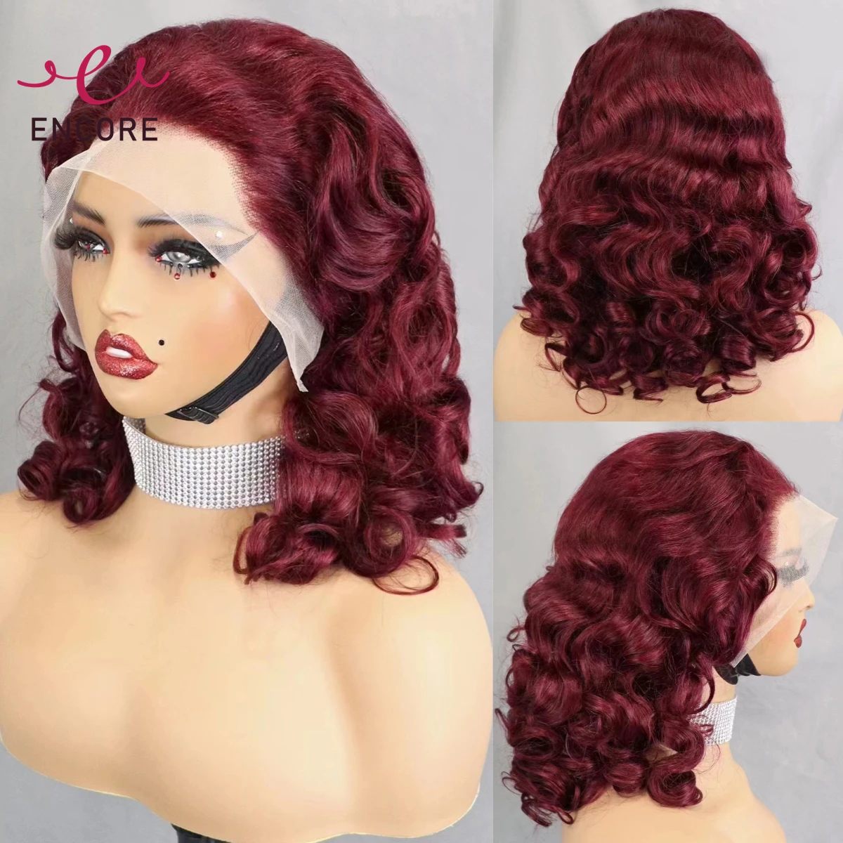 

13x4 Glueless Lace Frontal Wig 300% Density Burgundy Bouncy Curly Human Hair Wigs Loose Wave 14-24 Inch Brazilian Remy Hair Wigs