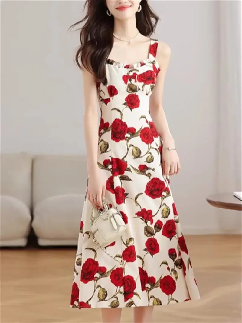 2025 New Women's Red Rose Floral French Strap Long Maxi Dress Summer Seaside Vacation Beach Boho Sundress G482