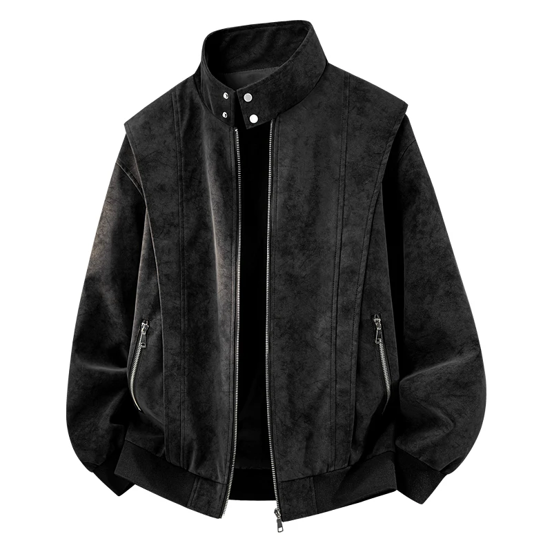 Men's Large Suede Stand Up Collar Casual Loose Jacket Autumn Winter New Korean Retro High Street Motorcycle PU Leather Jacket