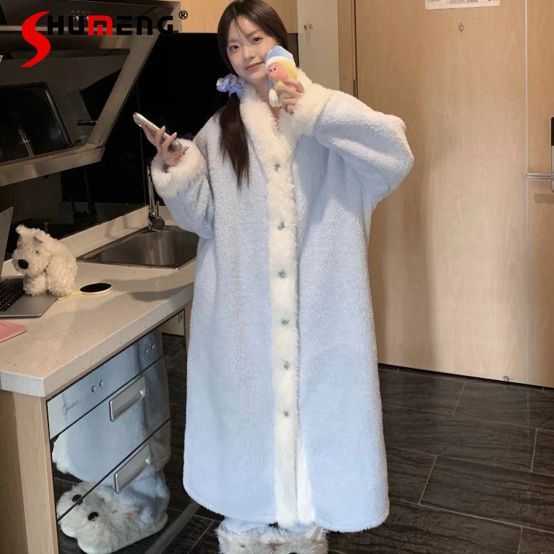 

Fleece Soft Thickened Plush Pajamas Winter Women New Nightgown Homewear Set Female Autumn Winter Japanese Long Robe Suits