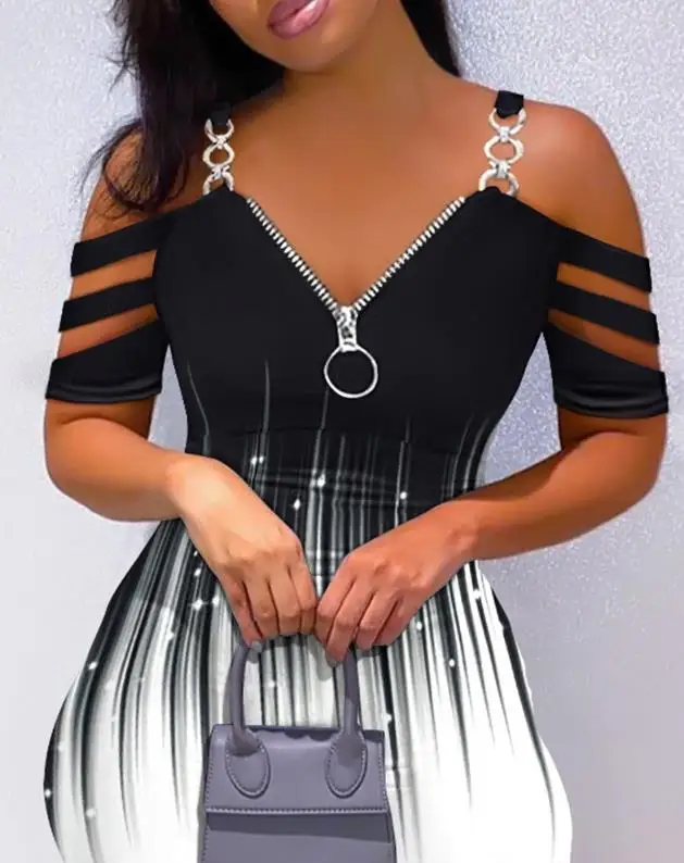 Color Blocking Cold Shoulder Zippered Tight Fitting Dress 2023 New Hot Selling Fashion Women's Clothing