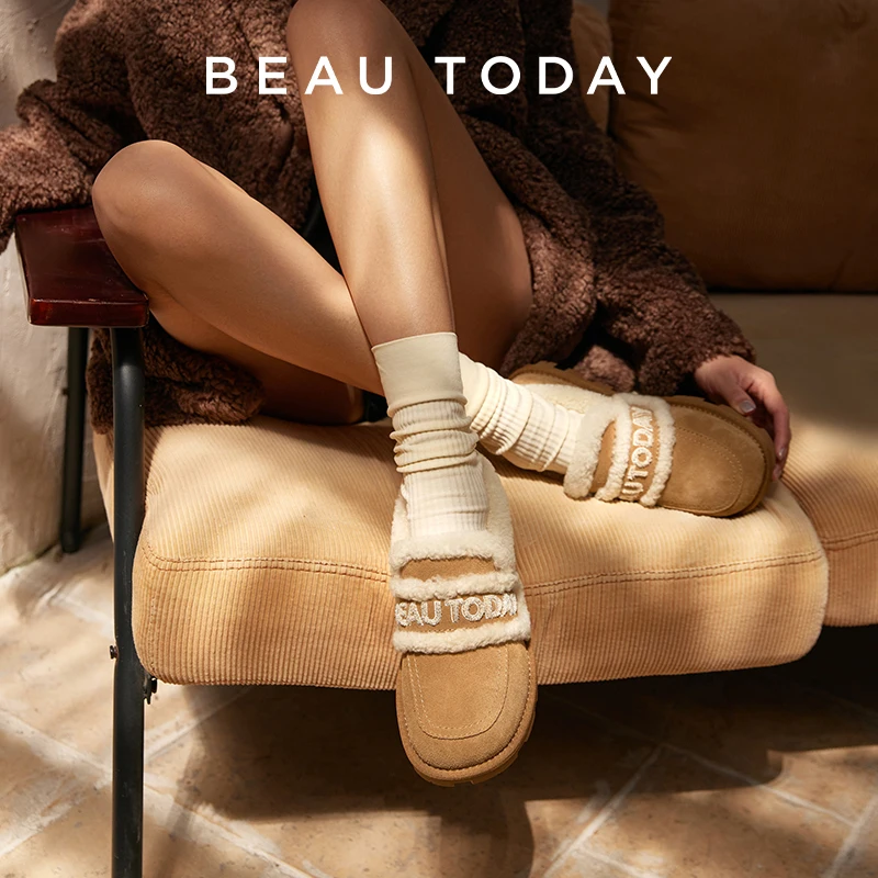 

Женская обувь из бычьей кожи BEAUTODAY, с круглым носком, с надписью, теплая мягкая подошва, без застежки, на плоской подошве, зимняя женская модель 27854