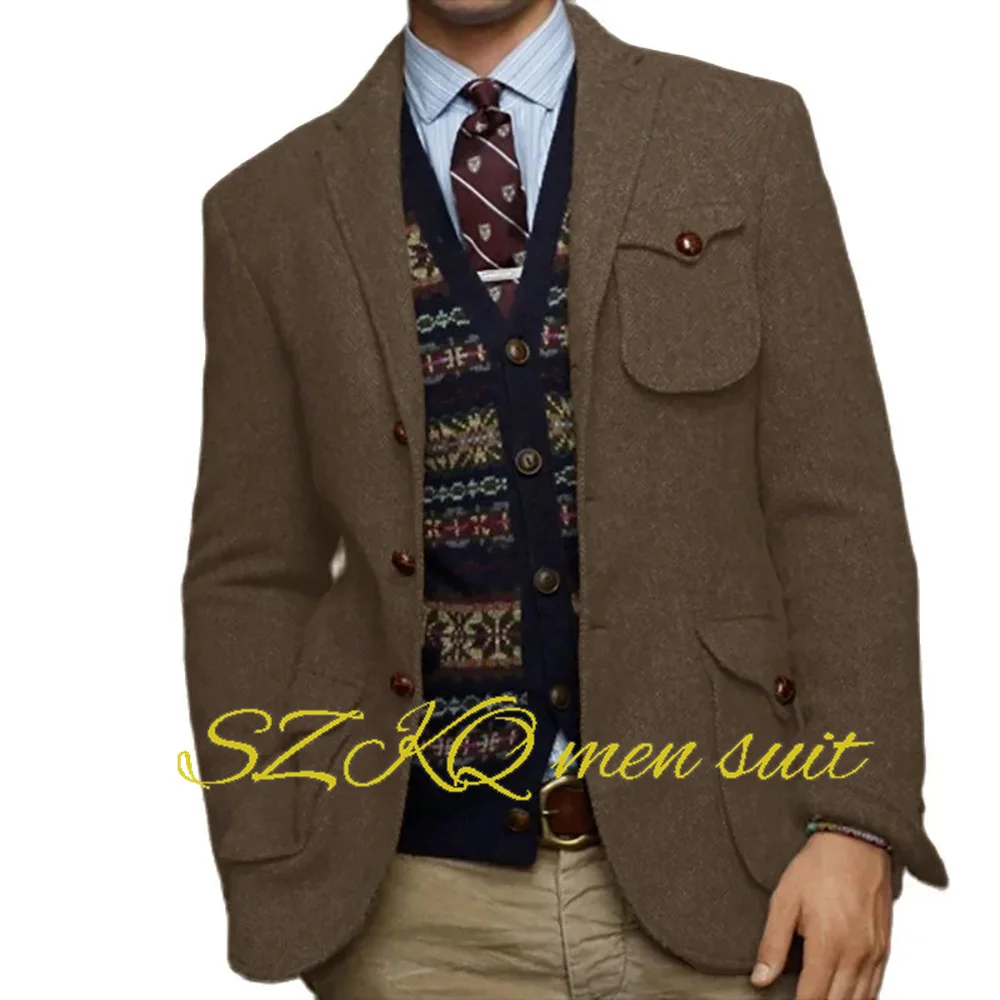 Retro Men's Blazer Horse Herringbone Single Jacket Formal Business Workwear Slim Fit Suit Male Elegant Suit