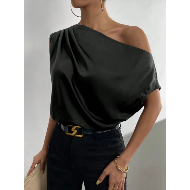 

2025Spring Solid Color Satin Imitation Silk Irregular Asymmetric Off-Shoulder Pullover Sleeveless Blouse Women European and