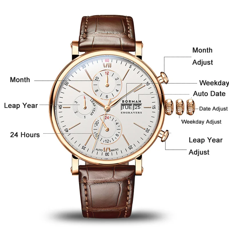 BORMAN, relojes mecánicos automáticos de lujo para hombres, calendario de movimiento de gaviota, reloj multifunción con cristal de zafiro, reloj resistente al agua