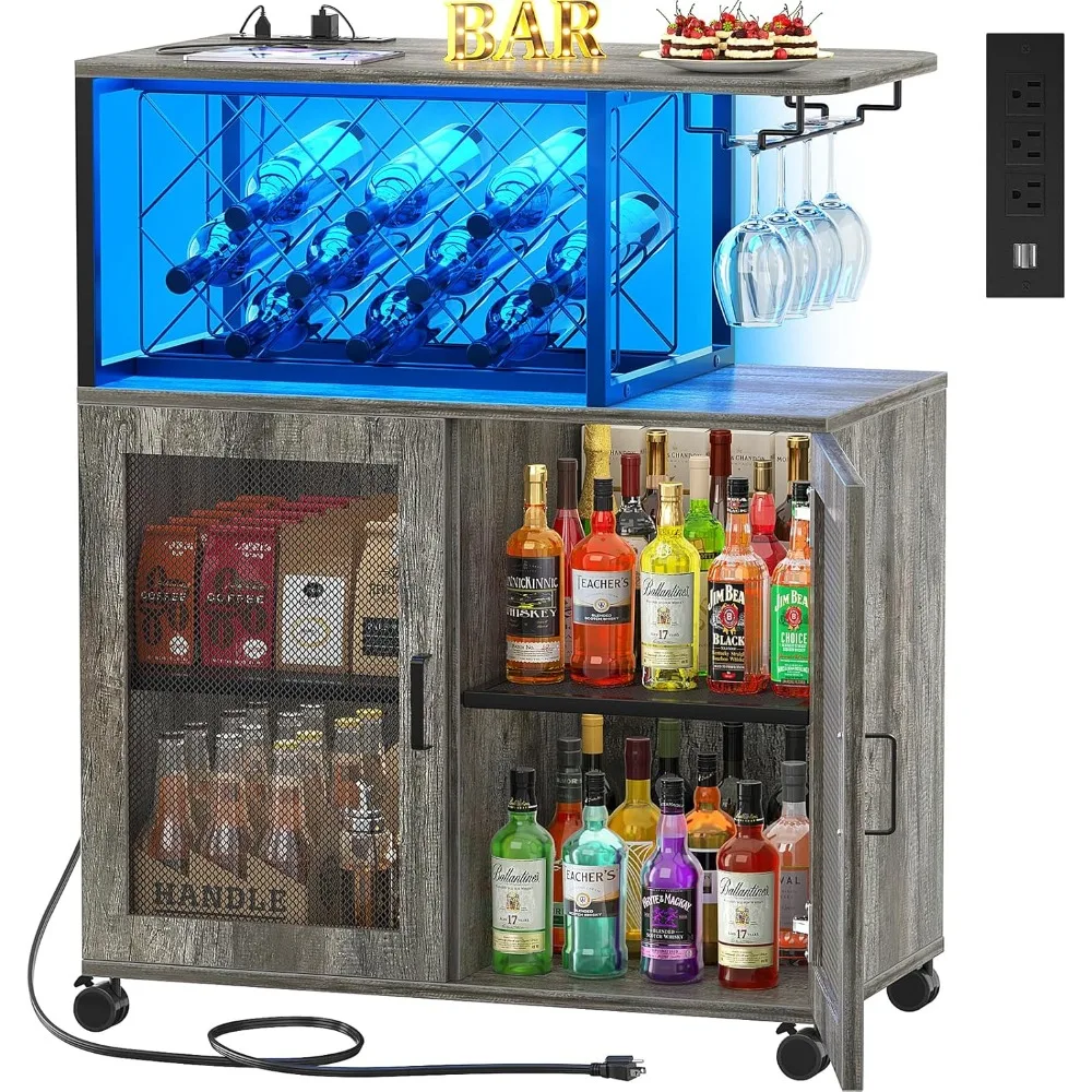 

Small Bar Cart With Wheels, Liquor Cabinet With Led Light, Wine Bar Cabinet With Power Outlets, Home Mini Bar