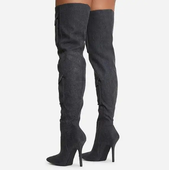 New Fashion Woman Dark Gray Denim Pointed Toe Hidden Zipper Pocket Thin Heels Over The Knee Boots Street Long Boots Shoes Lady