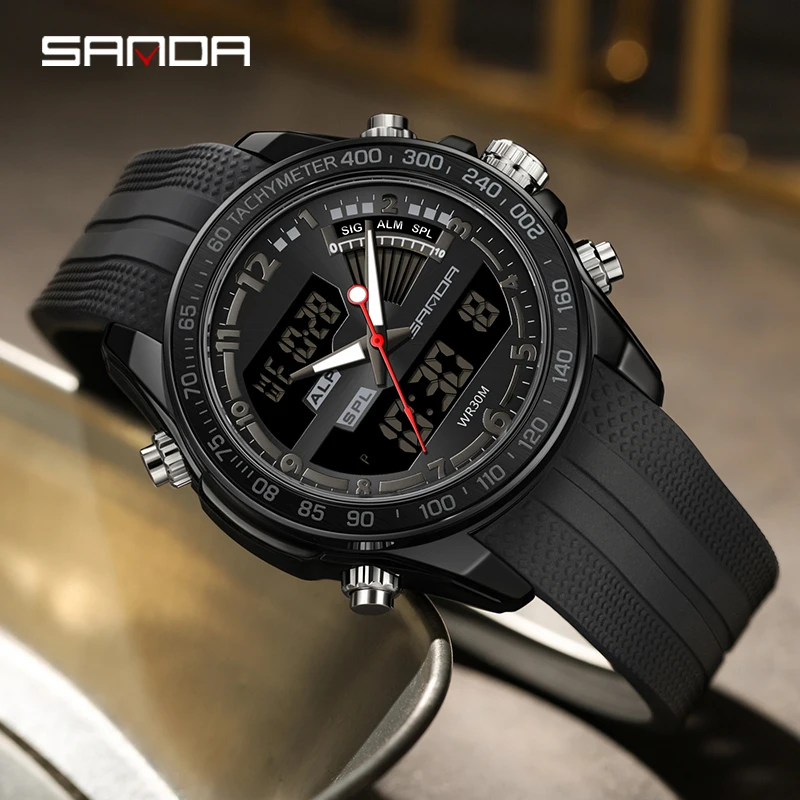 SANDA 2025 Orologio da uomoCasual Moda Elegante Multifunzionale Business Rotondo Elettronico al Quarzo Doppio DisplayCinturino in gomma Orologi3307