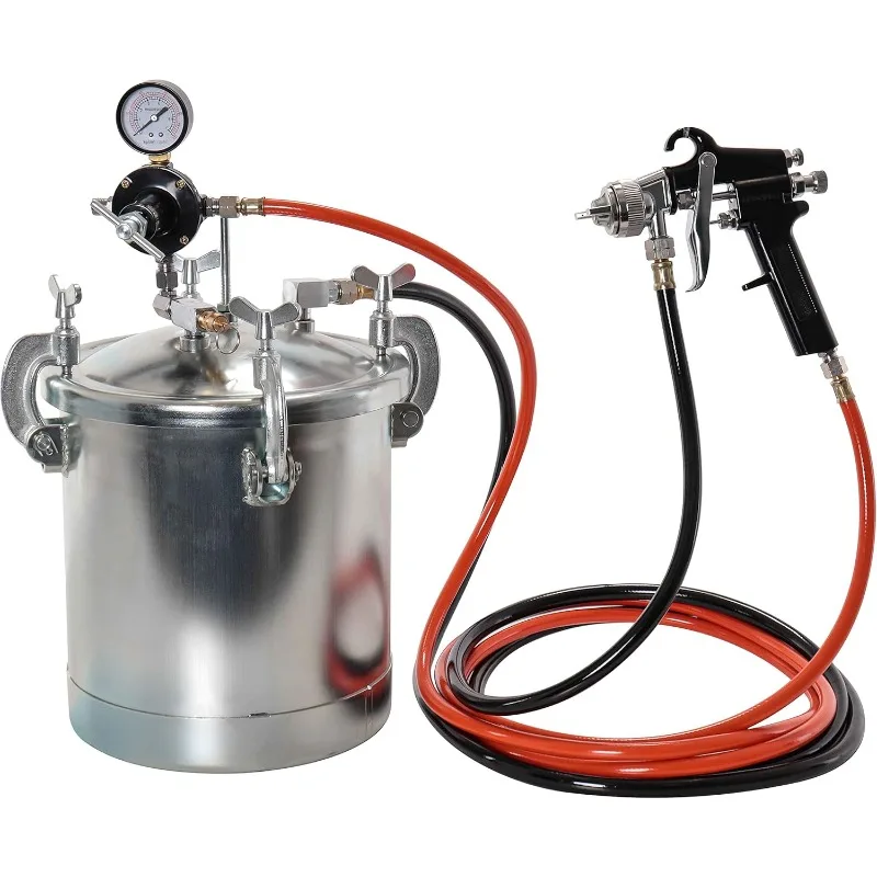 2-1/2 Gallon - (10 Liter) Pressure Pot Paint Tank: Heavy Duty Solid Steel, Clamp on Lid, Regulator & Pressure Gauge