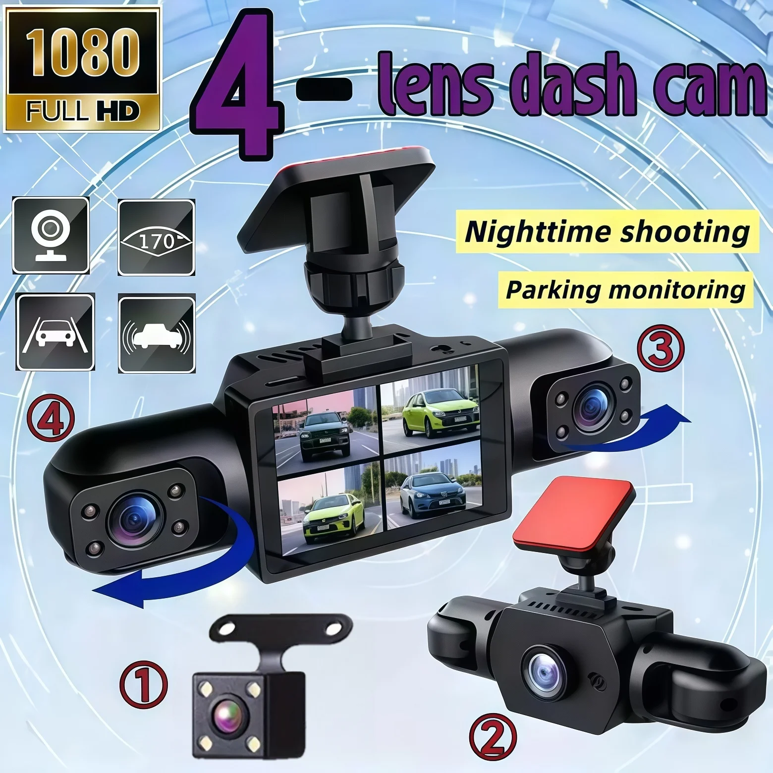 Image of 4-Linsen-Multi-Winkel-Dashcam, Vollständige Überwachung, Rückfahrkamera für Sicheres Einparken und Beweisaufnahme