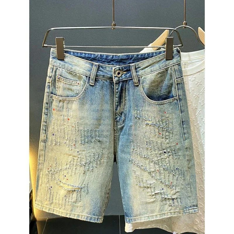Summer Thin Vintage Washed And Scraped Denim Shorts With A Trendy Men'S Signature Straight Cut And Slim Fitting Ripped  Jeans
