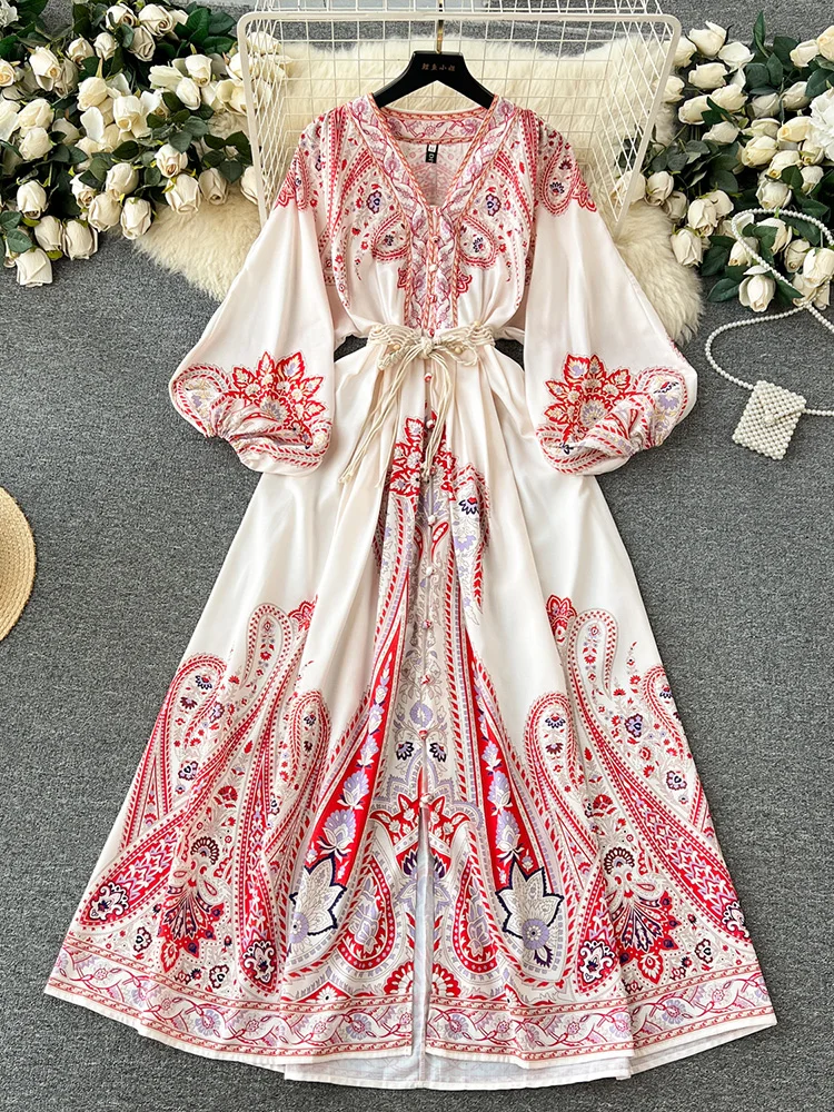 Robes longues bohèmes pour femme 2023 mode col en V à manches longues élégante robe maxi de soirée tresse ceinturée robe boho imprimée vintage