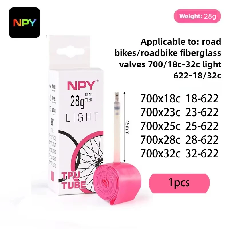 NPY 2 Piezas, Cámara de Aire Ultraligera de TPU para Bicicleta, 28g, 700X23 25 28 32, Material TPU, Válvula Francesa de 65mm de Longitud