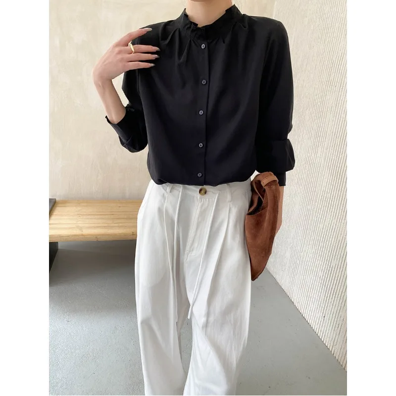 

Casual Stand Collar Women's Shirts Solid Color Comfortable Long Sleeve Blouses Female Commuter Single Breasted Versatile Tops