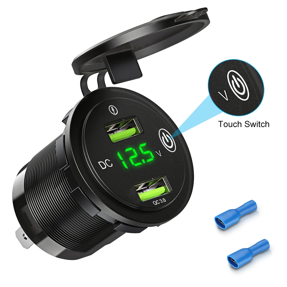 12V/24V Dual QC 3.0 USB Charger Socket Windproof Cigarette Lighter Touch Switch Car Charger Fast Charging Voltmeters For Car