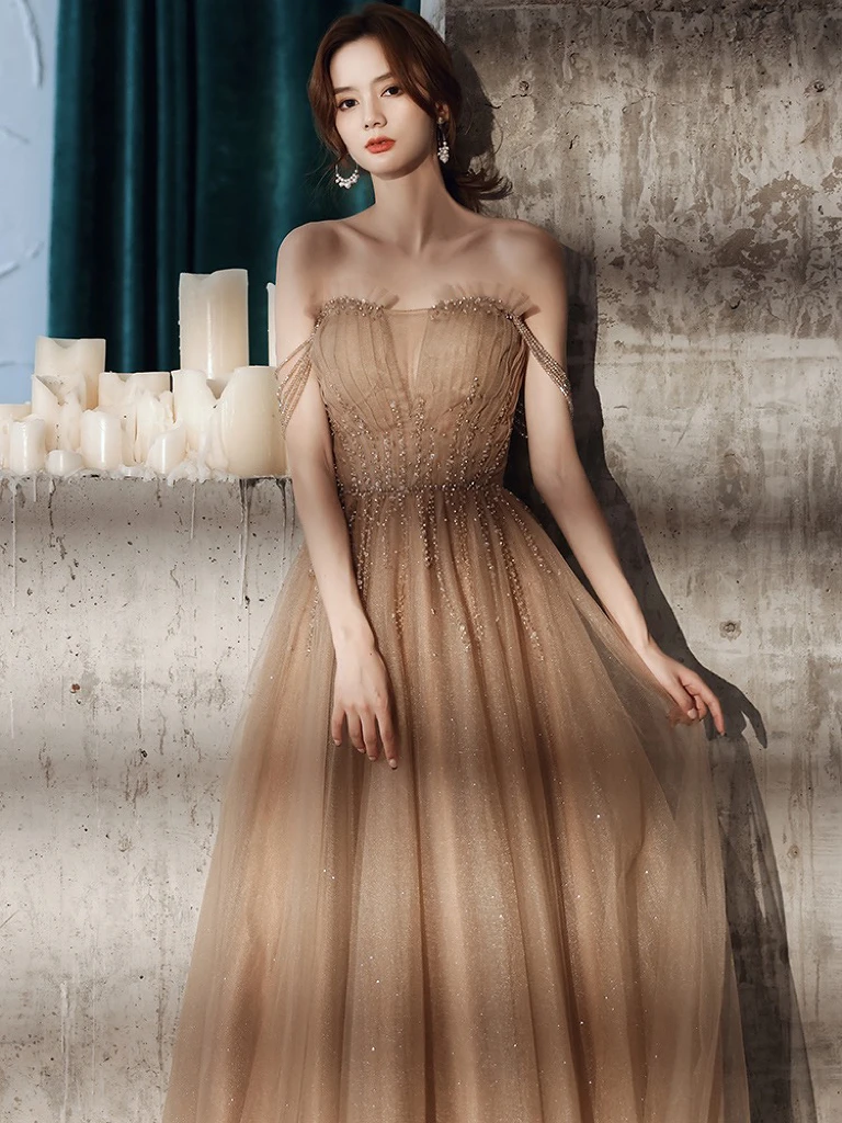 Fashion Khaki Bridesmaid Dress Spaghetti Strap Beading Crystal Tassel Sequined A-line Party Formal A-line Elegant Gown For Women