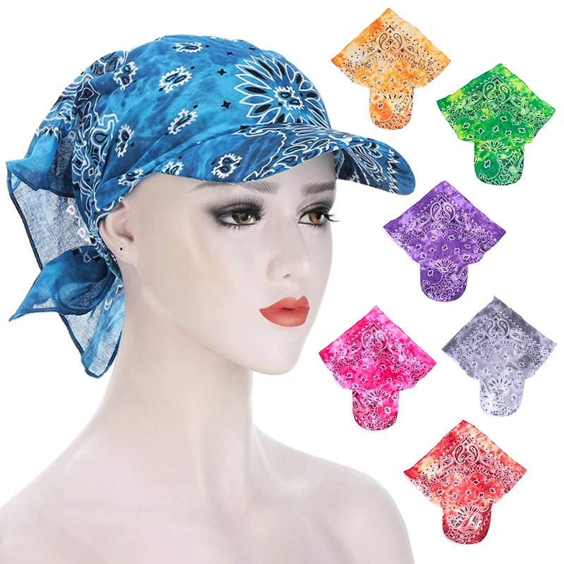 Summer Women Turban Hat Printed Bandana With Brim Sunhat Square Head Scarf Towel Baseball Cap Casual Fashion Adjustable Hat