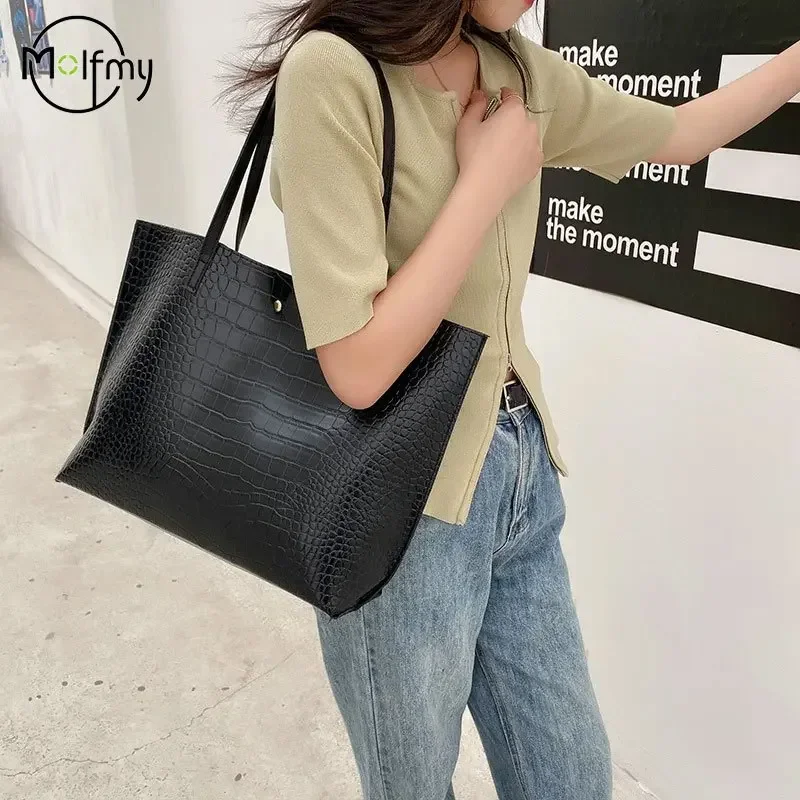Tote Shoulder Bags PU Leather Crocodile Pattern Women Commute Large Capacity Shoulder Handbags For Female Casual Messenger Bag