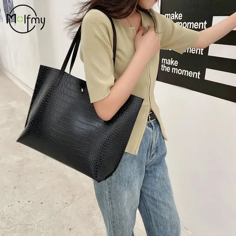  Tote Shoulder Bags PU Leather Crocodile Pattern Women Commute Large Capacity Shoulder Handbags For Female Casual Messenger Bag 