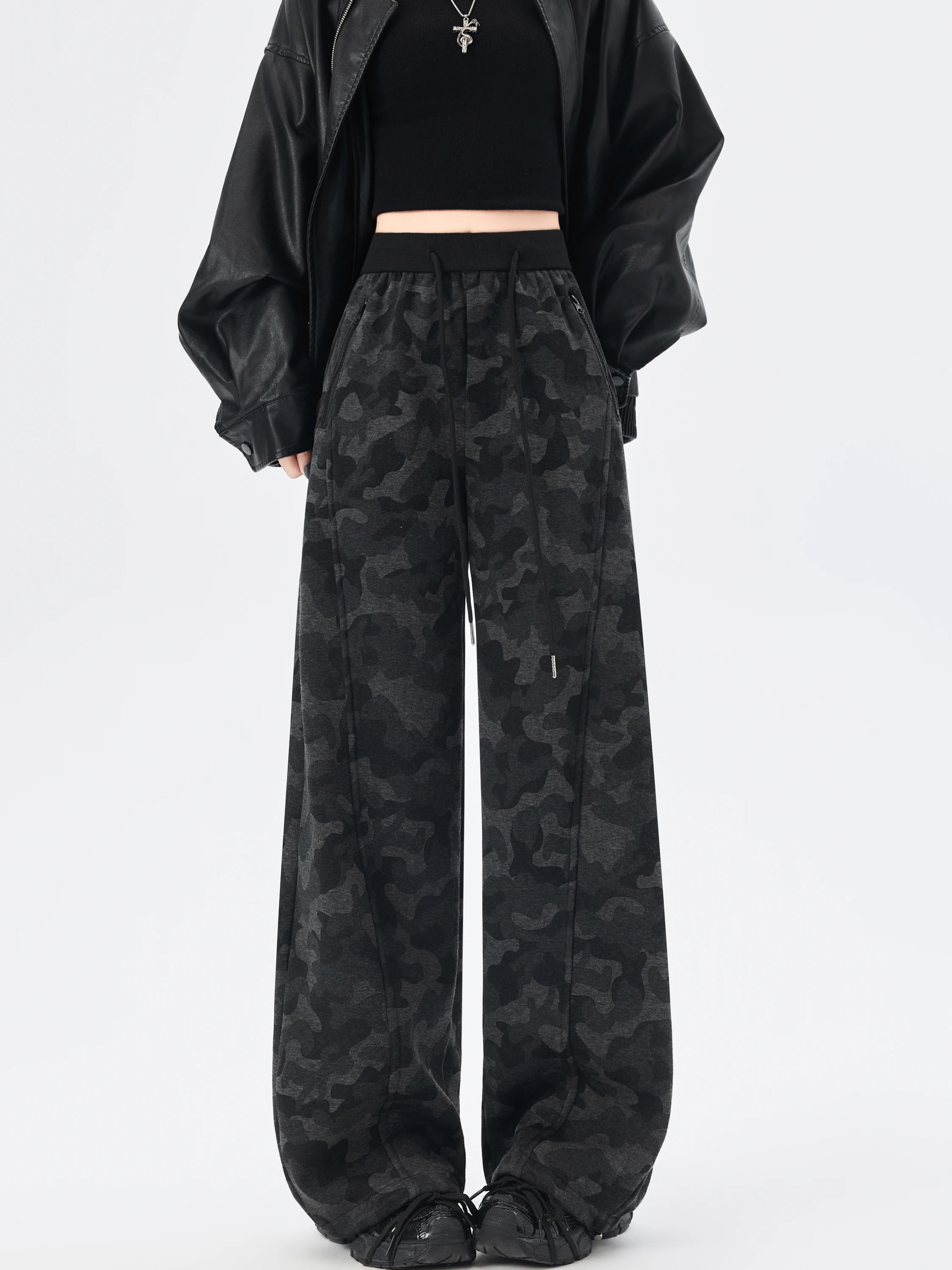 High Waist Fce Lined Thiened Camouflage Wide Leg Pants Women's Winter Loose Casual Sports Sweatpants Patchwork Floor-Len...