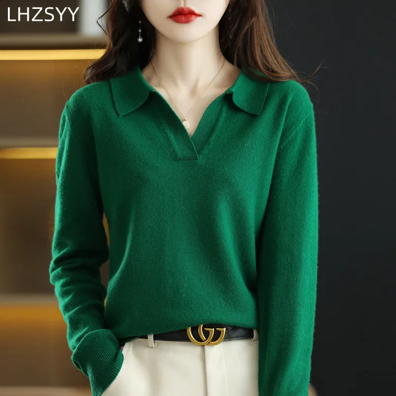 PoLo Collar Merino Wool Sweater Spring Loose Knit Pullover Women Shirt Warm Cashmere Sweater Large Size Top Female Jacket Jumper