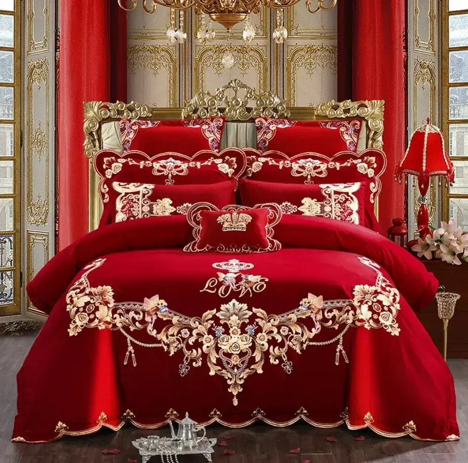 

Pure Red Dragon Phoenix Embroidery Bedding Sets Luxury Chinese Wedding 100% Cotton Tassels Duvet Cover Bed Sheet Pillowcases