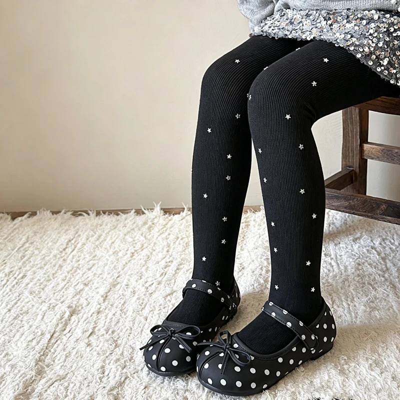 Cute Girls Autumn Winter Thin Fleece Pantyhose Full Shiny Silver Star Print High Elastic Soft Warm Skin-Friendly Stretchy Tights