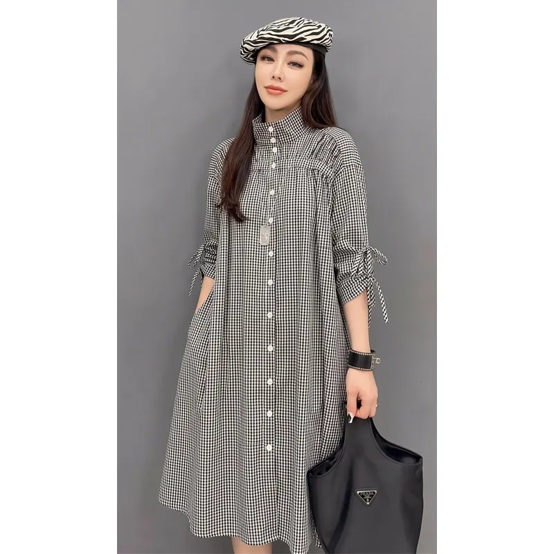 2026 Autumn New Elegant Loose Vintage Plaid Dresses Women Long Sleeve Dress Wholesale J2344