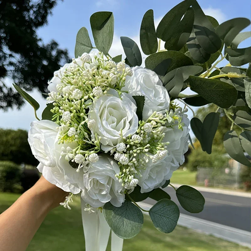 1PC Artificial Bridal Bouquet Artificial Rose White Wedding Bouquets for Bride Wedding Ceremony and Anniversary Wedding Decor