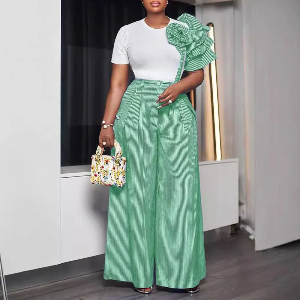 Women's Striped Trousers Suit Short-sleeved O-neck T-shirt Short Flower Vacation Fashion Simple Summer New Style 2-piece Set