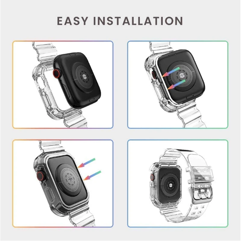 Clear Band +Case for Apple Watch 49mm 45mm 44mm 42mm 41mm 38mm 40mm Transparent iwatch Ultra Series 8 7 6 SE 5 4 3 Plastic Strap