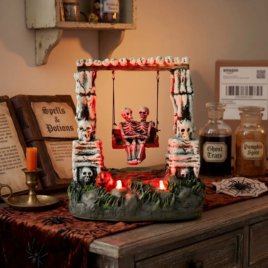 Halloween Decor Swinging Skeleton Couple Figurine, LED Light Up Spooky Village Statue, Animated Ghost Festival Tabletop Ornament