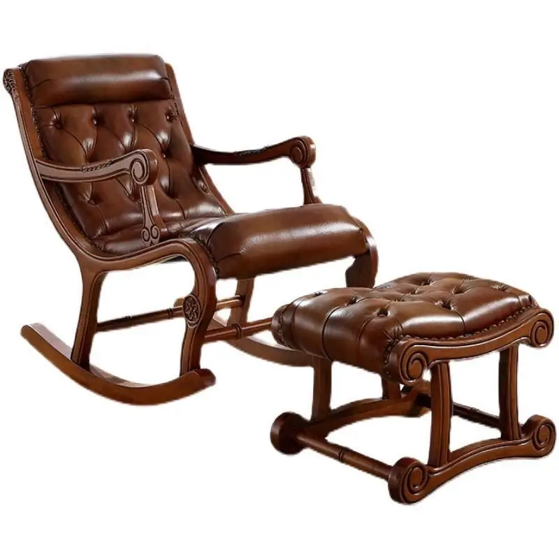 

American solid wood leather rocking chair recliner adult balcony elderly leisure pedal home nap