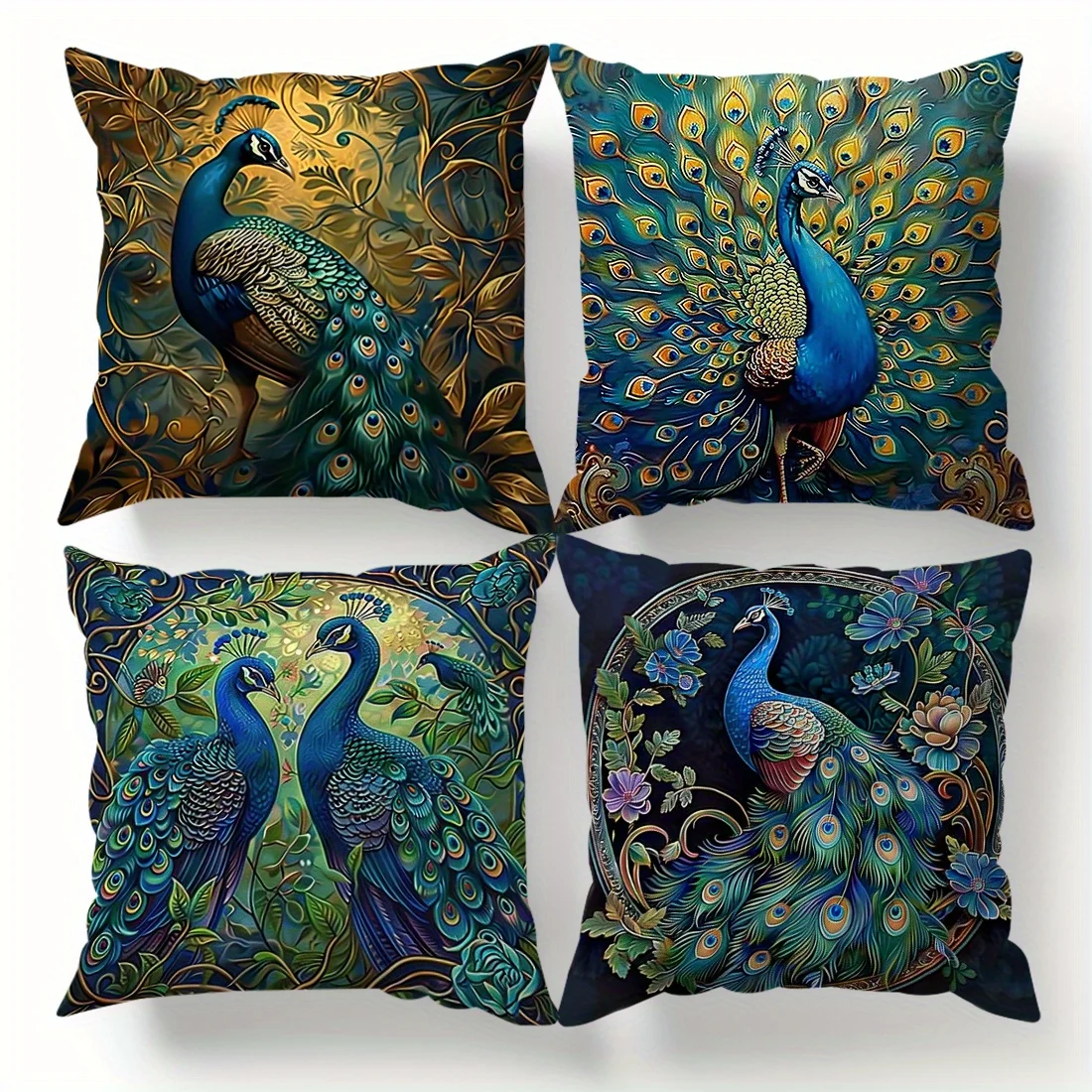 4pcs Vintage Oil Painting Peacock Four-piece Set Single-sided Printed Throw Pillow Sofa Cover - Throw Pillow Cover