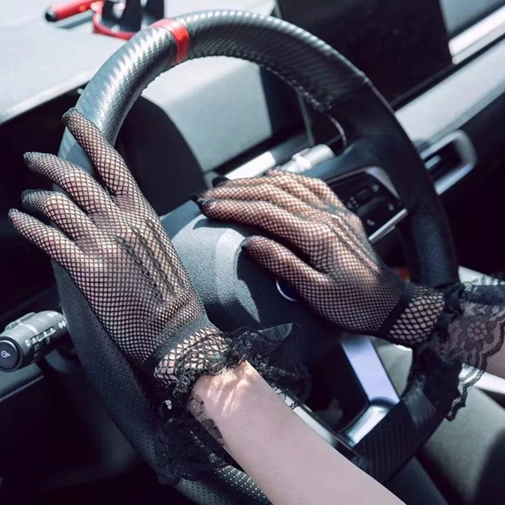 Soft Ruffle Lace Mittens Hollow Out Full Finger Fishnet Mesh Gloves Thin Mesh Driving Gloves