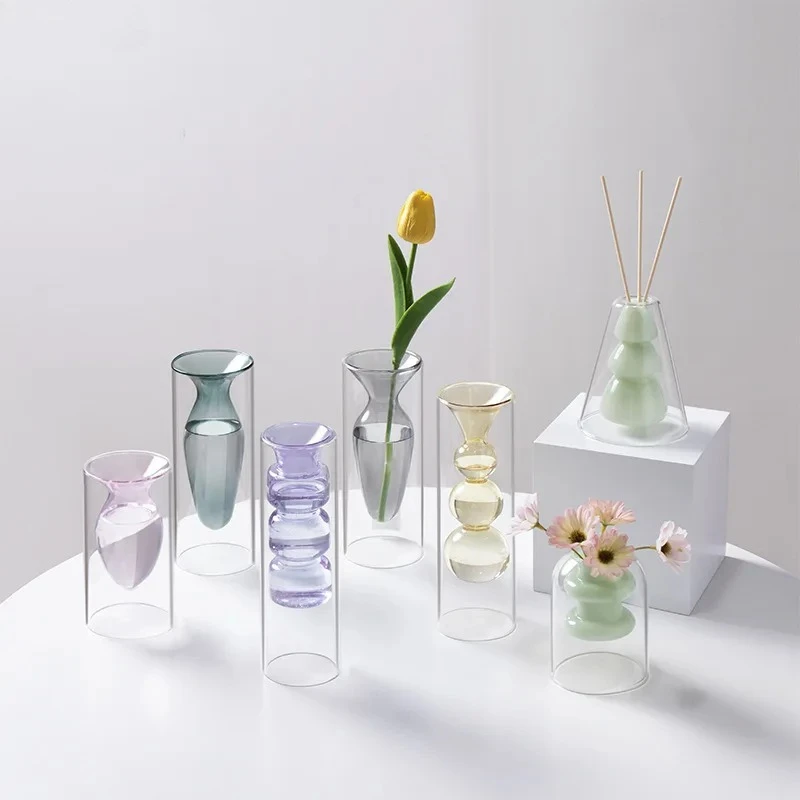 Colorful Double-layer Glass Vase Artistic Aromatherapy Bottle Transparent Hydroponic Dried Flower Vase Restaurant Desktop Decor