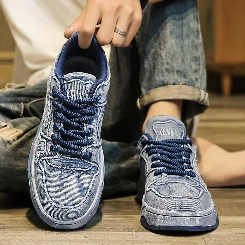 2024 Summer New Washed Denim Couple Shoes with Soft Sole Casual Dirty Board Shoes Non-slip Wear-resistant Sports Shoes for Men