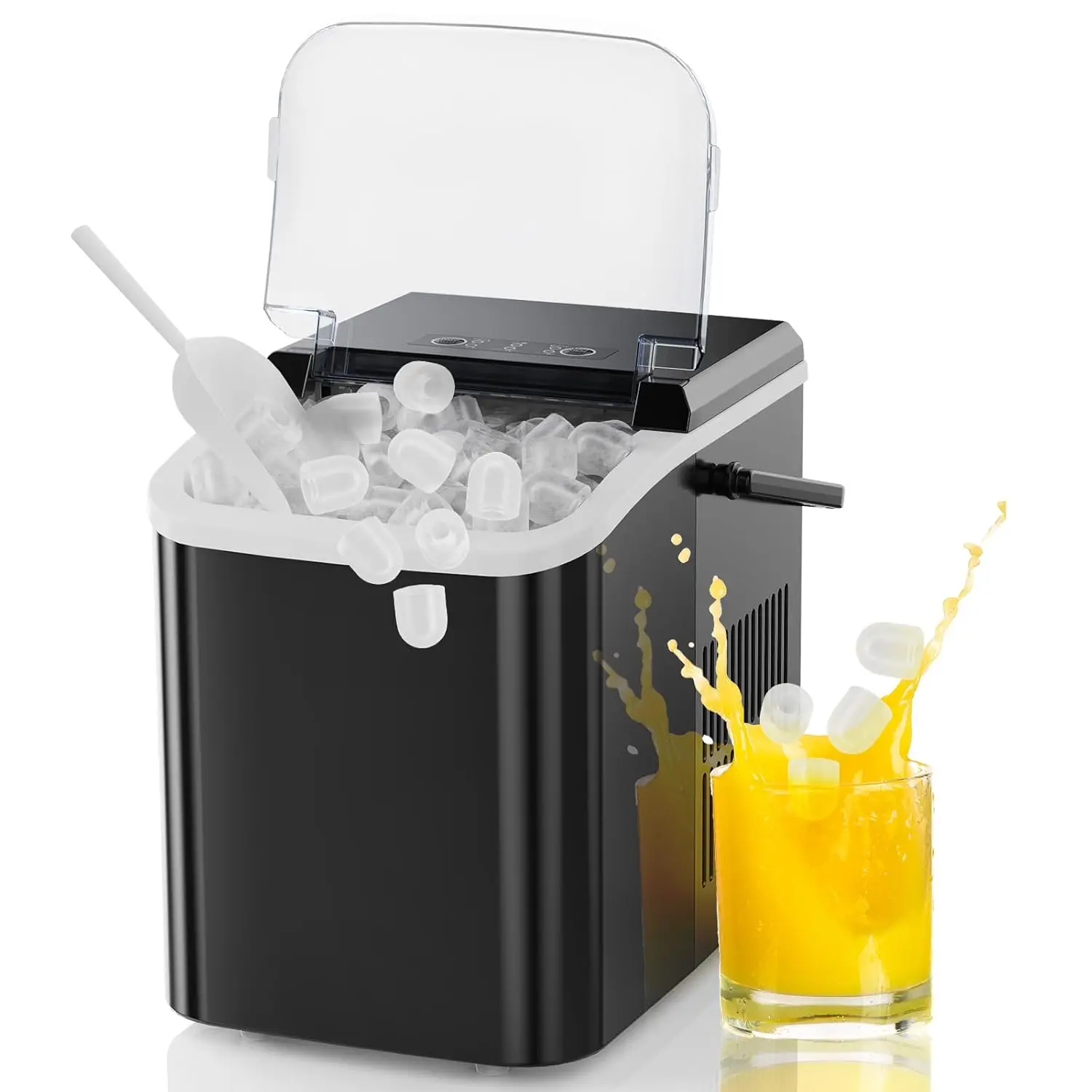

Ice Makers Countertop with Handle, Portable Ice Machine, 9 Bullet Cubes in 6 Mins, 26lbs in 24Hrs, Auto-Cleaning, with Basket