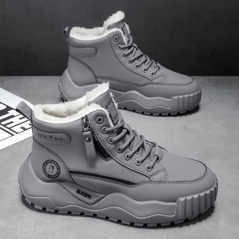 أحذية رجالية شتوية بنعل سميك، أحذية صوفية وسميكة من القطن الدافئ، أحذية رجالية متوسطة الارتفاع مقاومة للبرد في الهواء الطلق