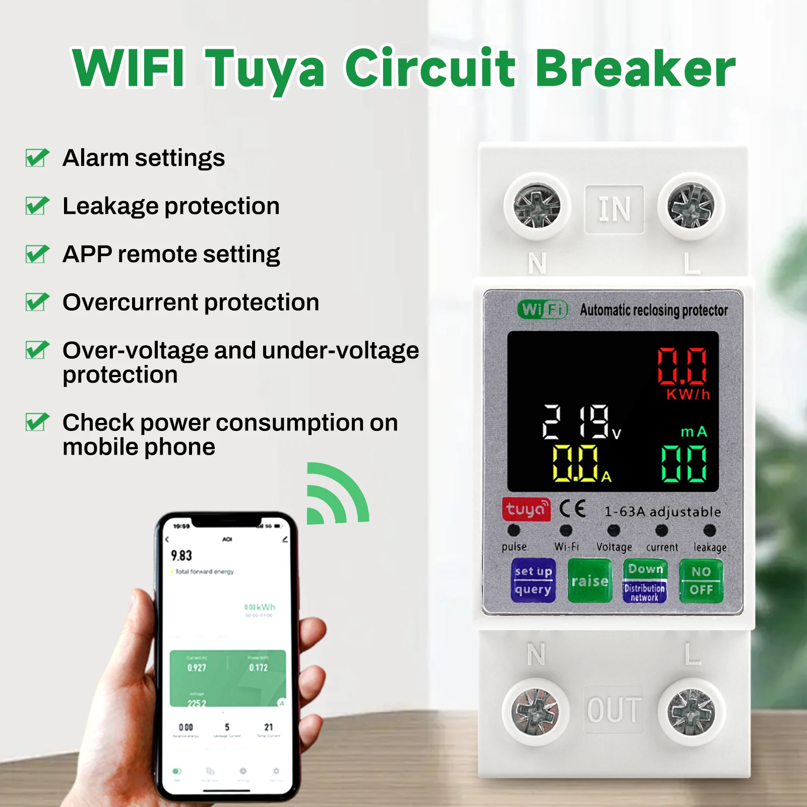 

2P 63A Tuya WiFi Circuit Breaker Automatic Reclosing Protector Over Under Voltage Protection Modular Contactor 220V Contactor
