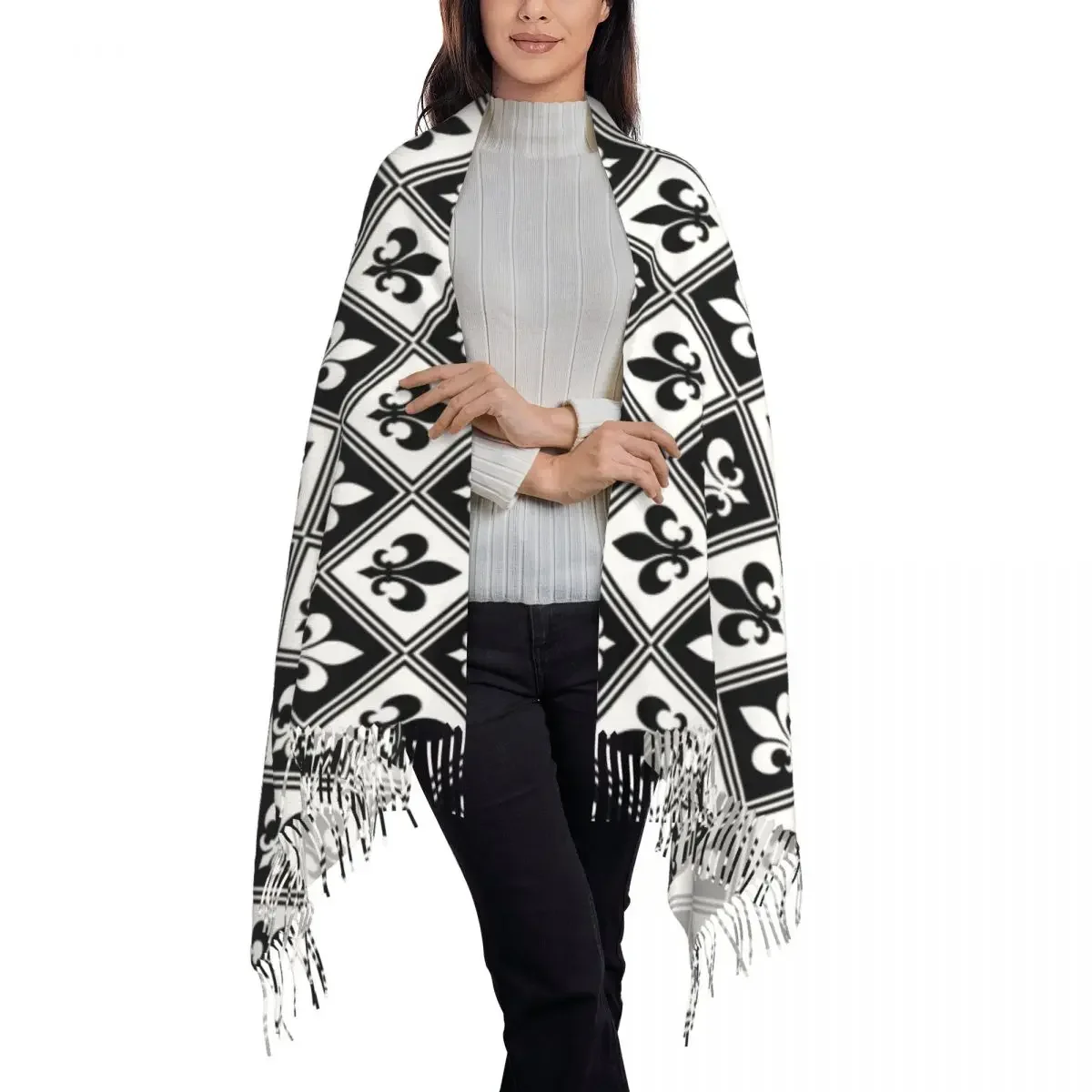 Black Fleur De Lis And Diamond Pattern Scarf Wrap Women Long Winter Fall Warm Tassel Shawl Fleur-De-Lys Lily Floral Scarves