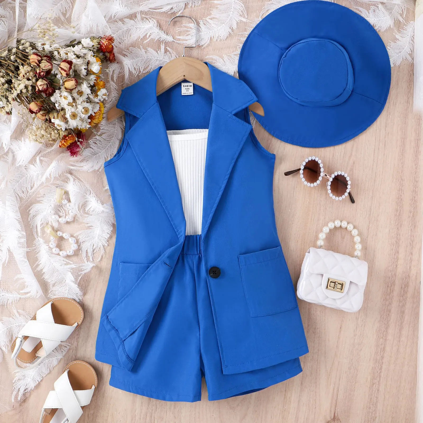 Conjunto de Verão 4 Peças para Meninas, Roupas de Bebê, Vestido Sem Mangas em Cor Pura, Estilo Europeu, 100% Algodão para 2023