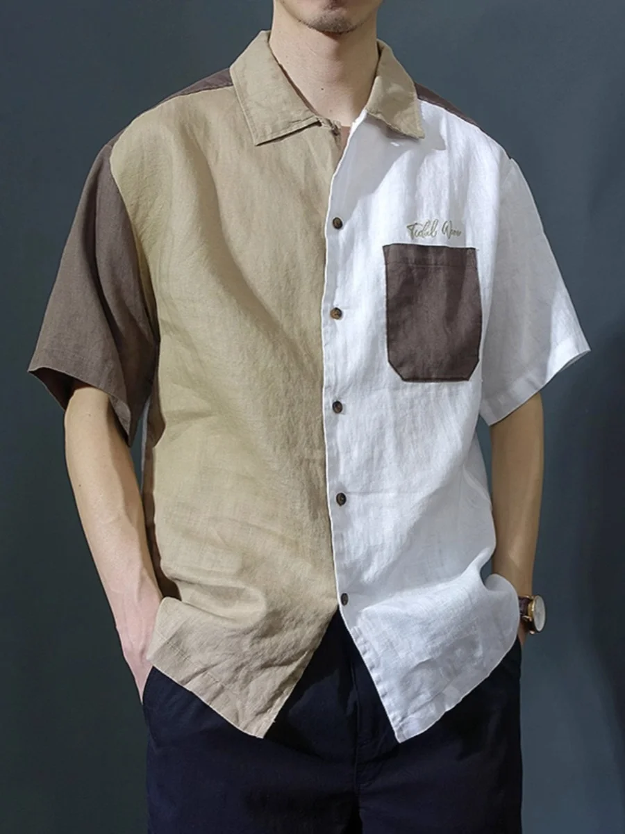 

Летняя мужская рубашка с коротким рукавом, свободного кроя, повседневная, из хлопка и льна, дышащая, тонкая, модная, с пэчворком, на пуговицах, молодежная, популярная.