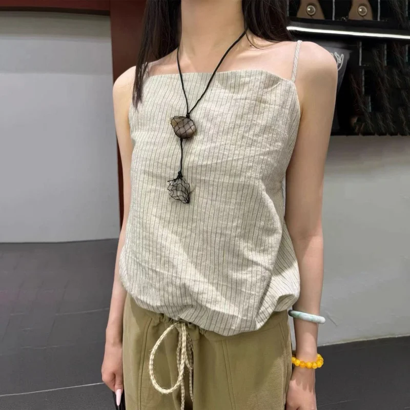 

Autumn New Women's Adjustable Drawstring Backless Cotton Linen Crop Top Y2K High Quality Fashion Sexy Top Wooden Bead Detail