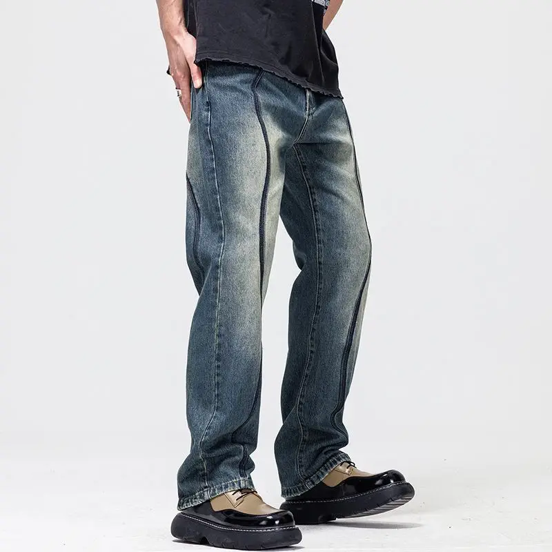 Personalized denim men's straight tube loose fitting vintage blue men jeans  American high street washed spring and autumn pants