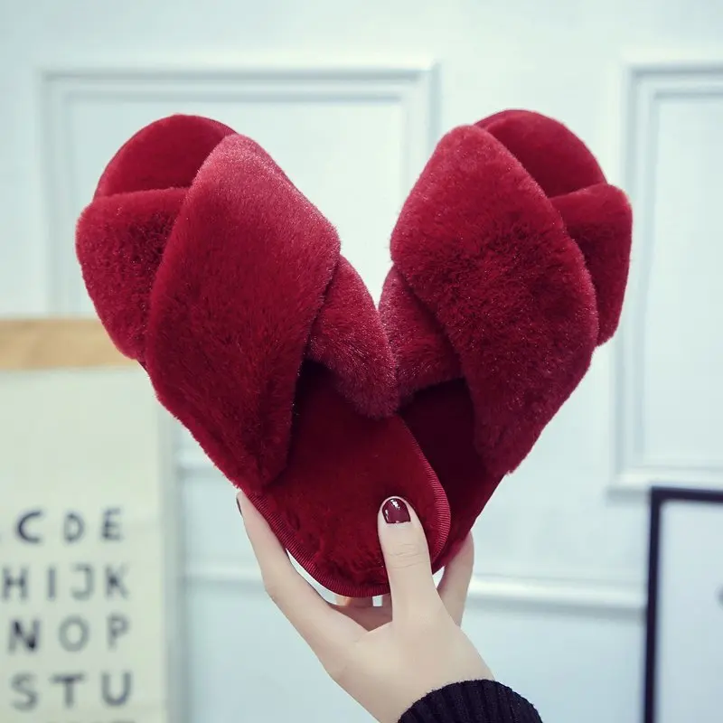 Women Winter House Furry Slippers 2022 New Design Women Cross Fluffy Fur Home Slides Flat Indoor Floor Shoes Ladies Flip Flops