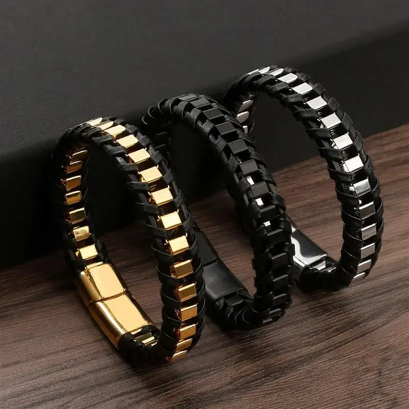 High quality braided rope woven black leather bracelets punk style stainless steel bracelets for Men charm fashion jewelry gifts