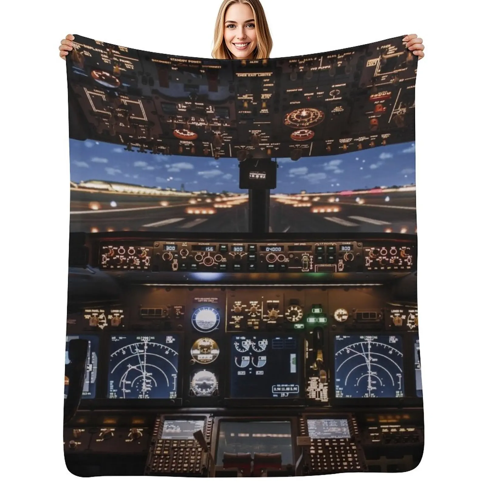 Airplane Cockpit Travel Aviation Aircraft Throw Blanket Soft Sherpa Fleece Warm Blanket for Winter